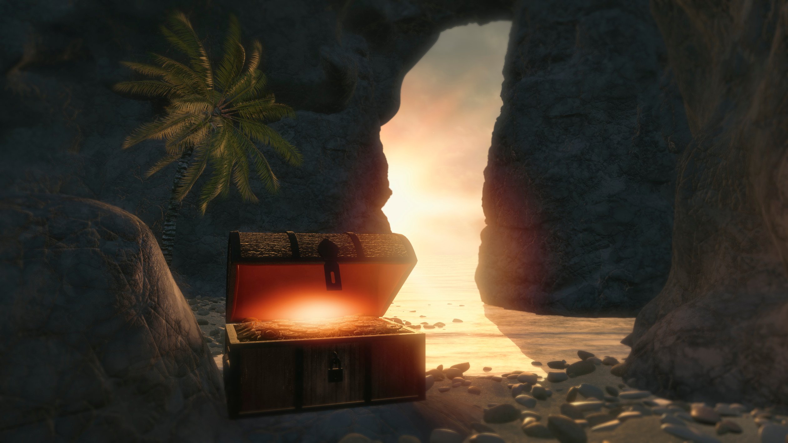 Fantasy island with pirate treasure chest